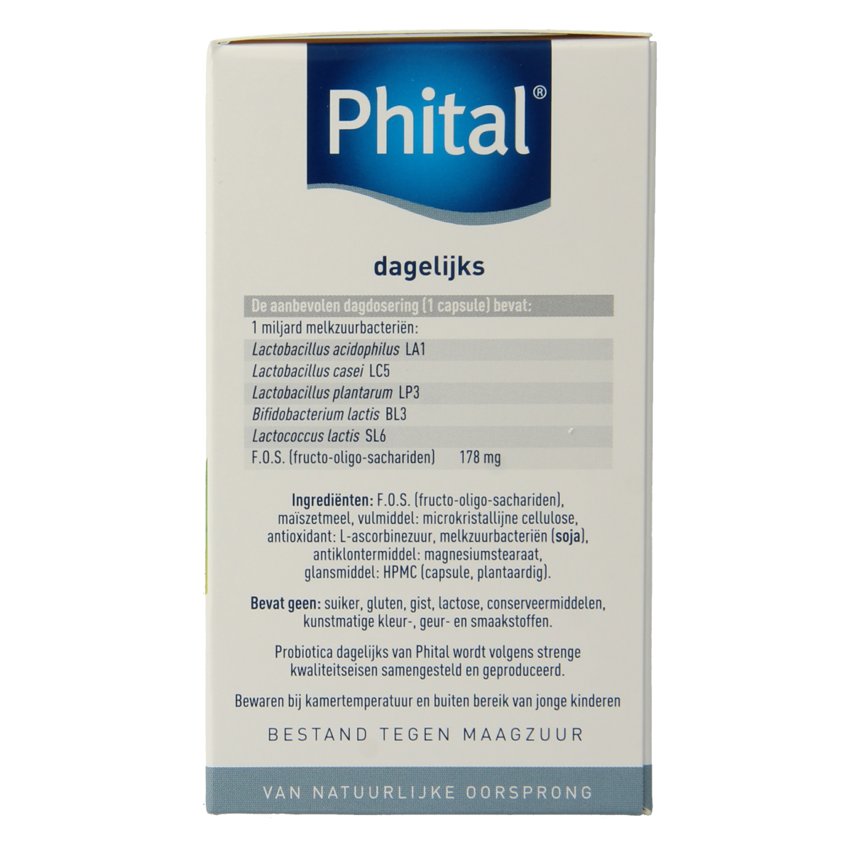 Phital Probiotica dagelijks vegetarische capsules containing micro-organismen, dietary supplement for gut health.