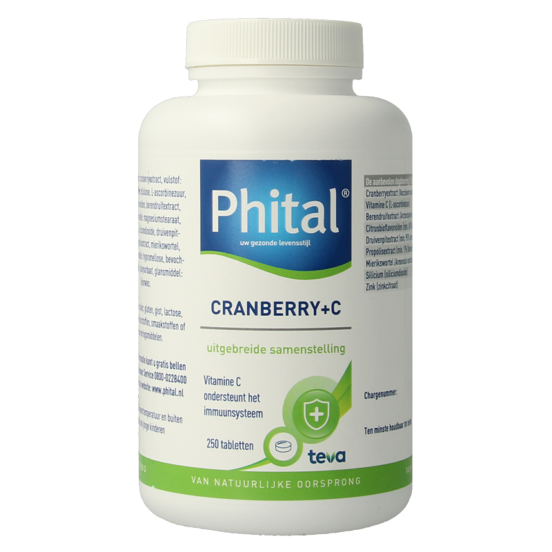 Phital Cranberry + C 250 herbal supplement tablets in a clear bottle with a white label featuring red and green accents.
