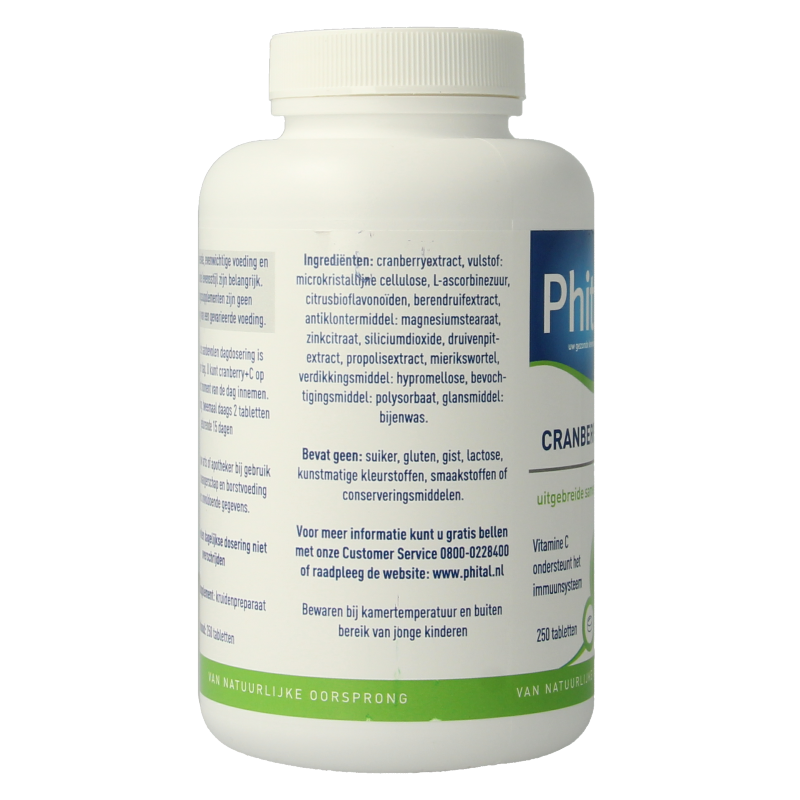 Phital Cranberry + C 250 herbal tablets in blister pack, featuring cranberry and vitamin C ingredients, for immune support.