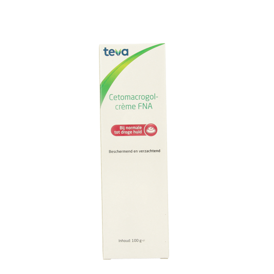 Teva Cetomacrogolcreme FNA, 100g body care cream in a white tube with a blue cap, for skin moisturizing and soothing.