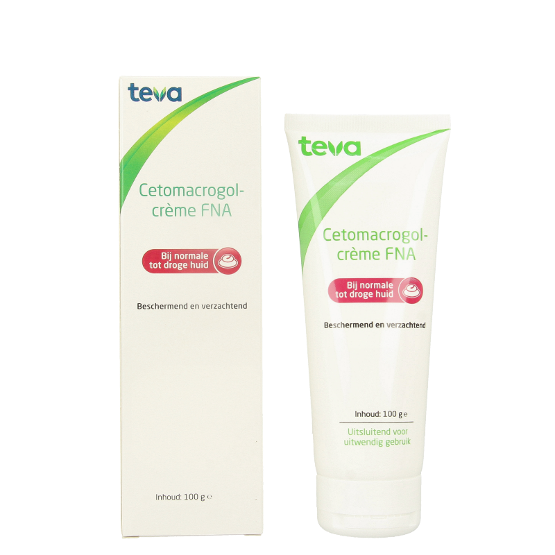 Teva Cetomacrogolcreme FNA body care cream in 100g container, smooth texture for skin hydration and softness.
