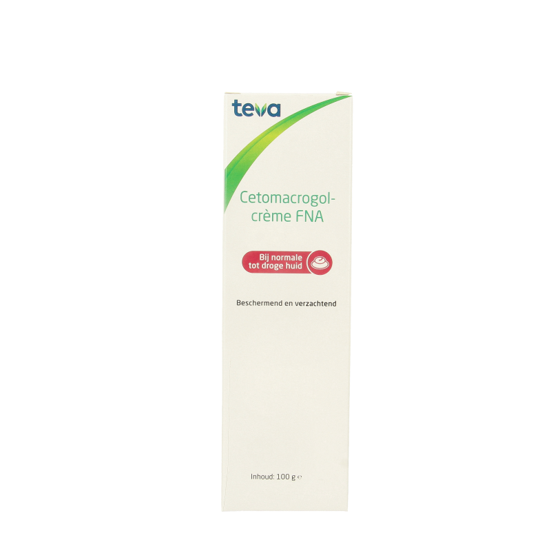 Teva Cetomacrogolcreme FNA body care cream in 100 grams, smooth texture for skin hydration and softening.