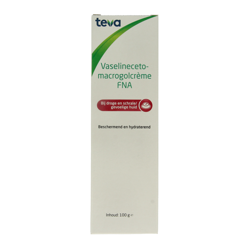 Teva Vaselinecetomacrogolcreme FNA, 100g body care cream in a white jar with a blue lid, for moisturizing skin.