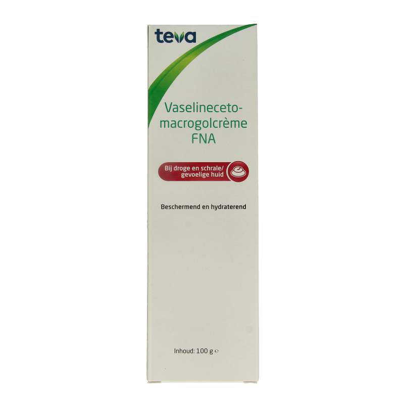 Teva Vaselinecetomacrogolcreme FNA, 100g, body care product with a white cream in a jar, used for skin moisturizing.