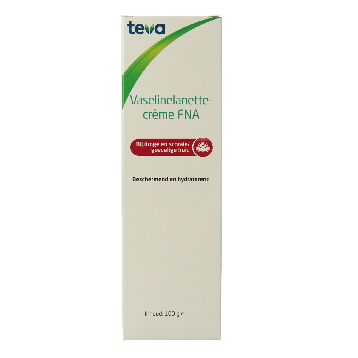 Teva Vaselinelanettecreme FNA 100g, body care product with cream texture, in a white container with blue and red branding.