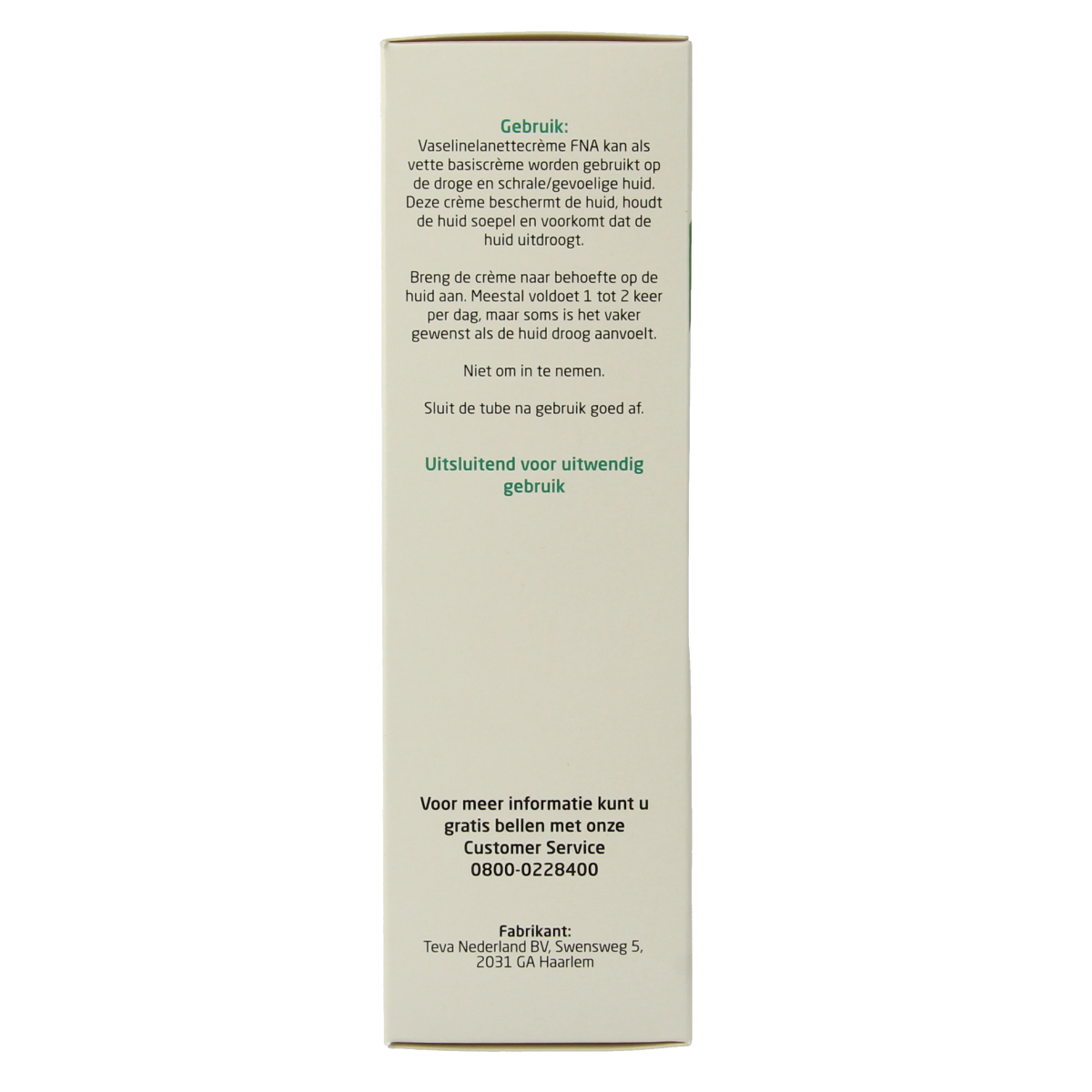 Teva Vaselinelanettecreme FNA 100g body care cream jar with white and blue packaging, designed for skin hydration and protection.