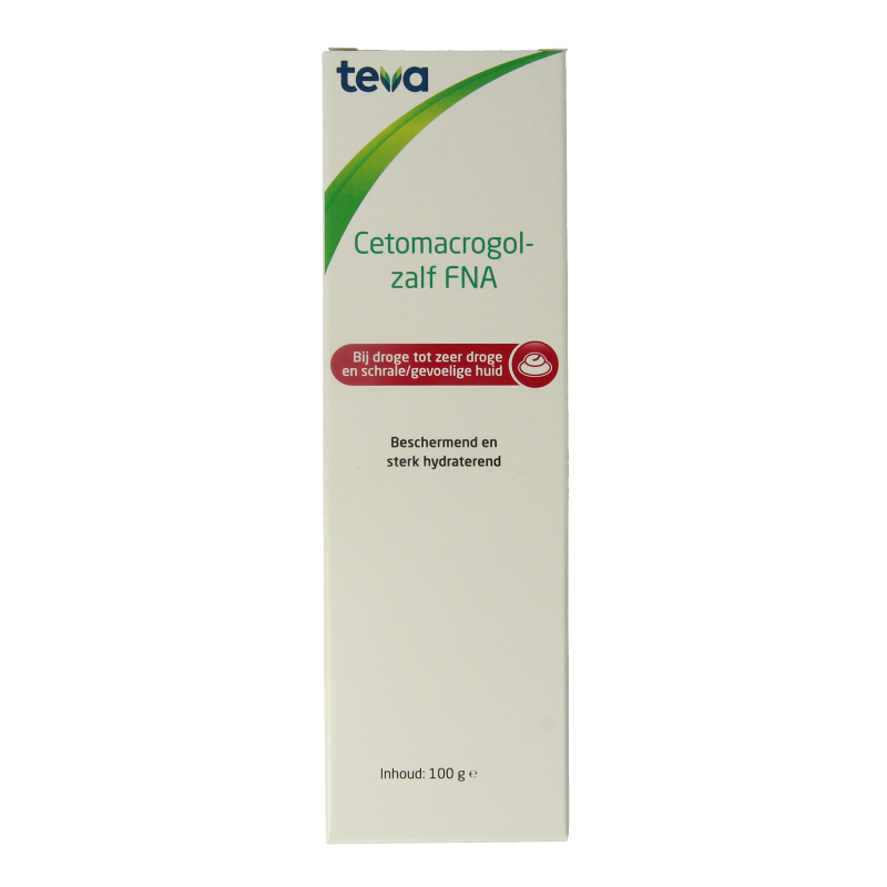 Teva Cetomacrogolzalf FNA 100g body care cream in a white tube with blue accents, designed for moisturizing skin.