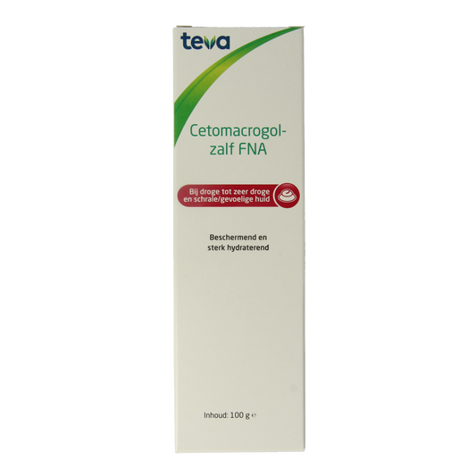 Teva Cetomacrogolzalf FNA 100g body care cream in a white tube with blue accents, designed for moisturizing skin.