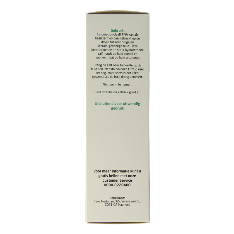 Teva Cetomacrogolzalf FNA body care cream in a 100g tube, designed for skin moisturization and soothing.
