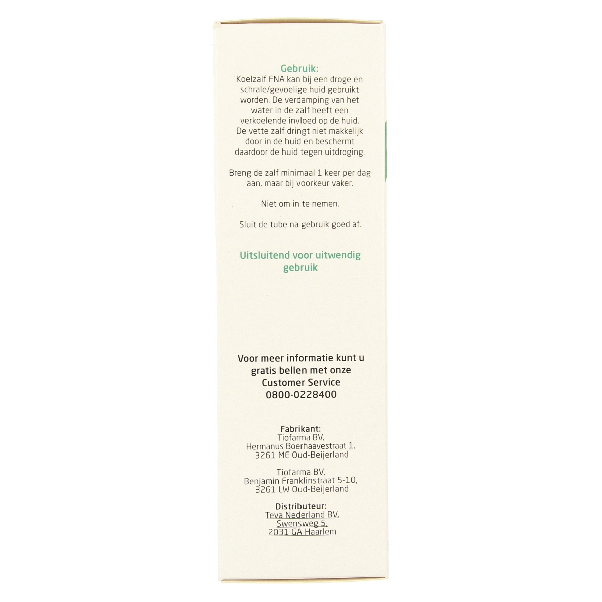 Teva Koelzalf FNA 100g body care cream in a white tube with green and blue accents, designed for soothing skin.