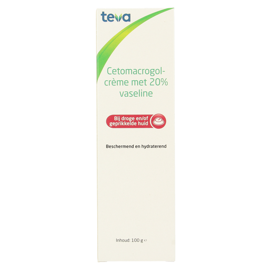 Teva Cetomacrogolcreme 20% vaseline body care cream in 100g jar, featuring smooth, moisturizing texture for skin hydration