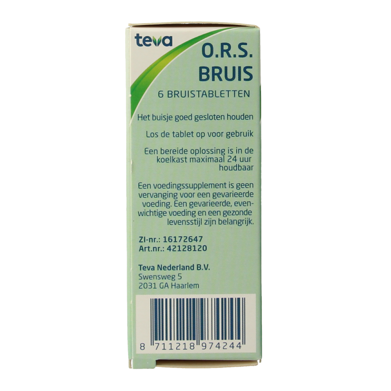 Teva ORS Bruis mineral supplement with 6 tablets, multivitamin for recovery and hydration, in blister pack.