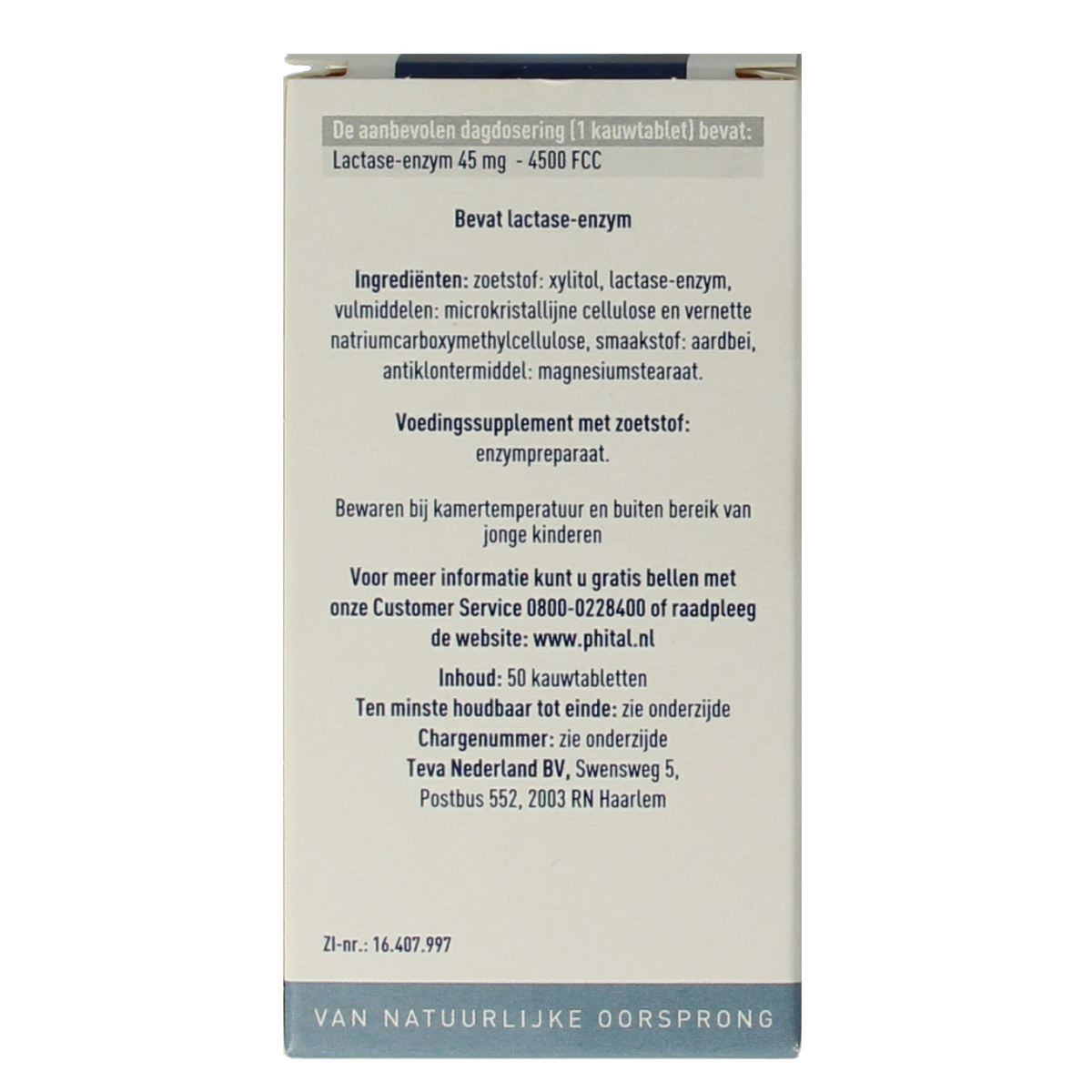 Phital Lactase 4500 chewable tablets, dietary supplement with fibers and enzymes, in a white bottle.