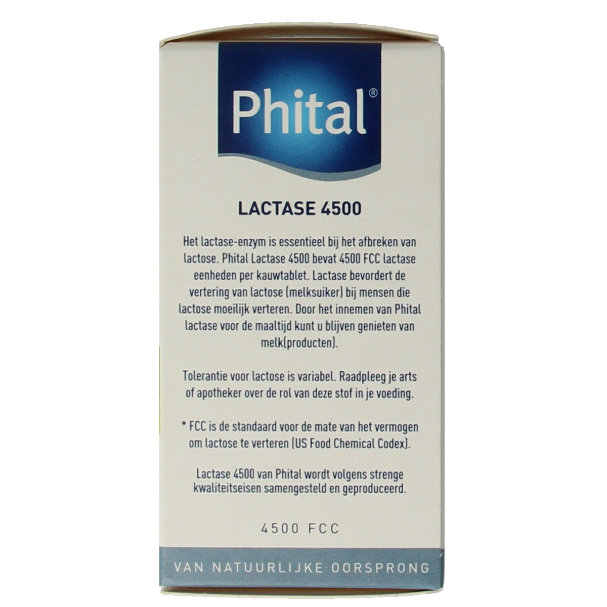 Phital Lactase 4500 chewable tablets, dietary supplement with fibers and enzymes, in a white and orange bottle.