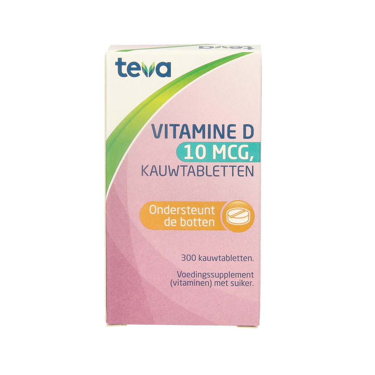 Teva Vitamin D 10 mcg (400 IU) tablet showing the round, orange supplement pill in blister packaging.