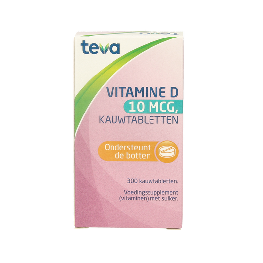 Teva Vitamin D 10 mcg (400 IU) tablet showing the round, orange supplement pill in blister packaging.