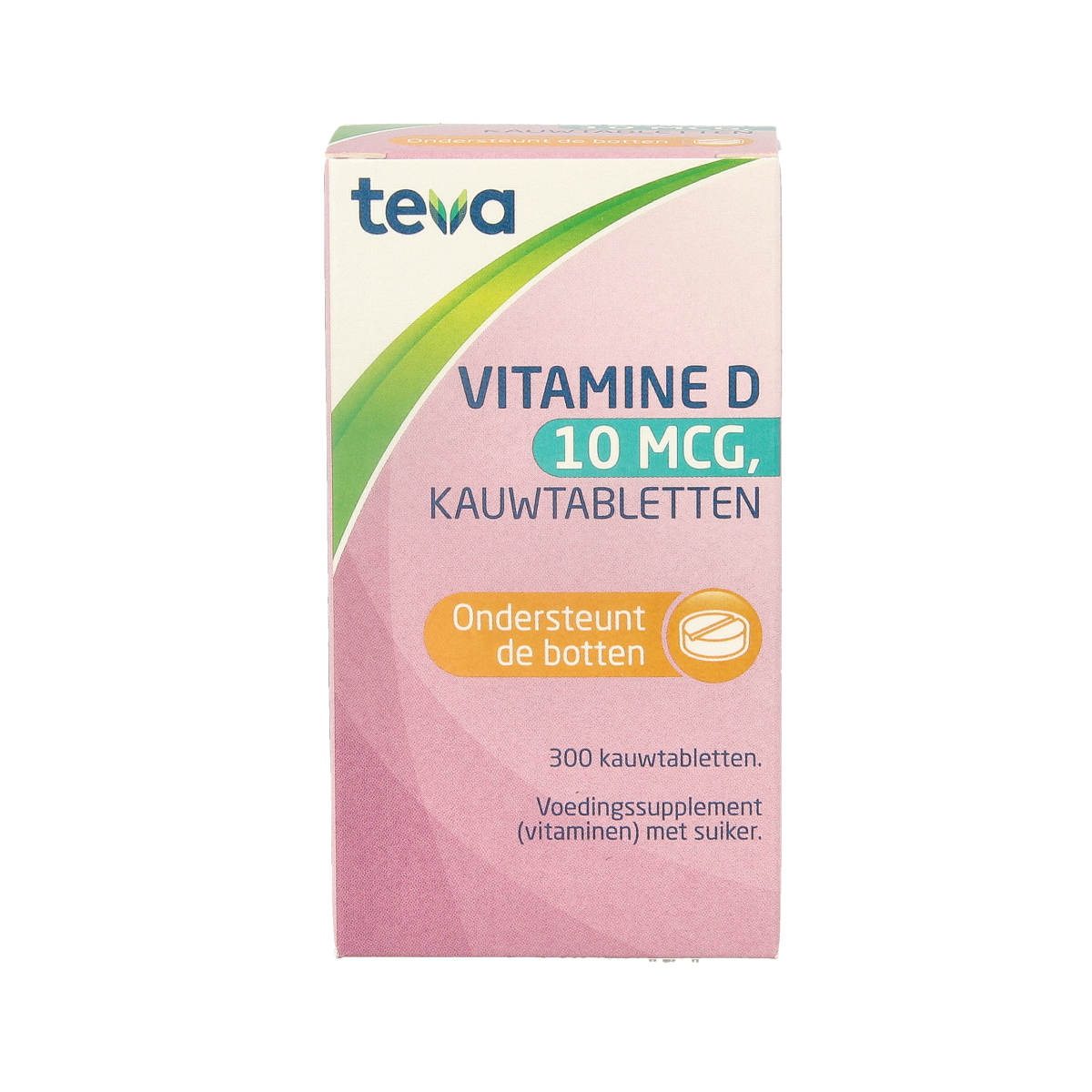 Teva Vitamin D 10 mcg (400 IU) tablets, bottle of 300, showing the label and tablets inside the bottle.