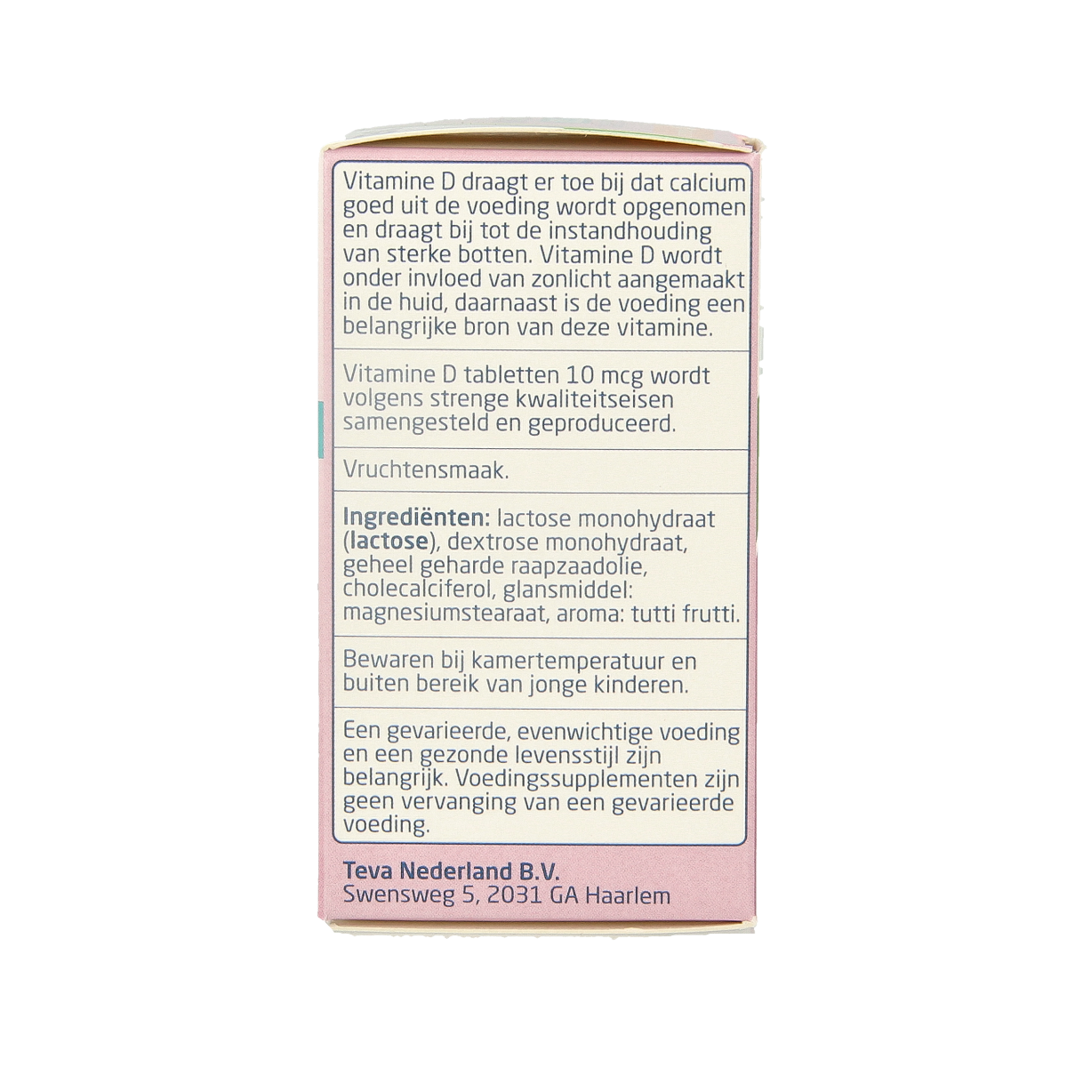 Teva Vitamin D 10 mcg (400 IU) tablet bottle, showing the supplement packaging with tablets inside.