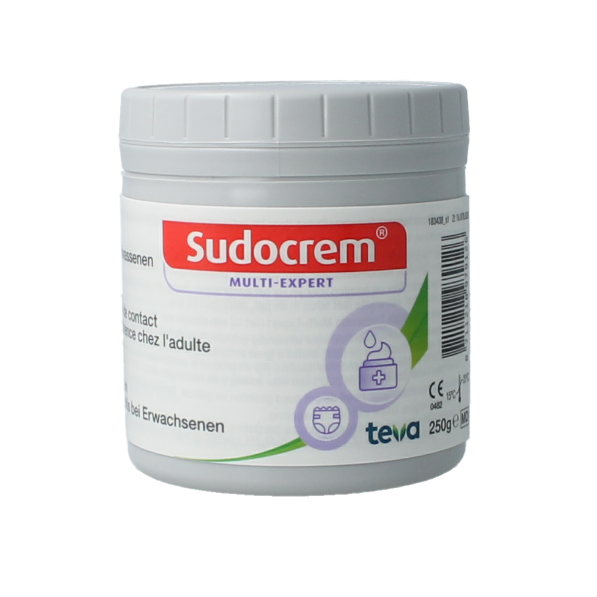 Sudocrem Multi Expert 250g jar for baby and toddler skincare, featuring the iconic white cream in a tub.