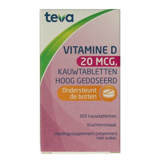 Teva Vitamin D 20 mcg (800 IU) tablets, bottle of 300, showing the supplement and packaging.