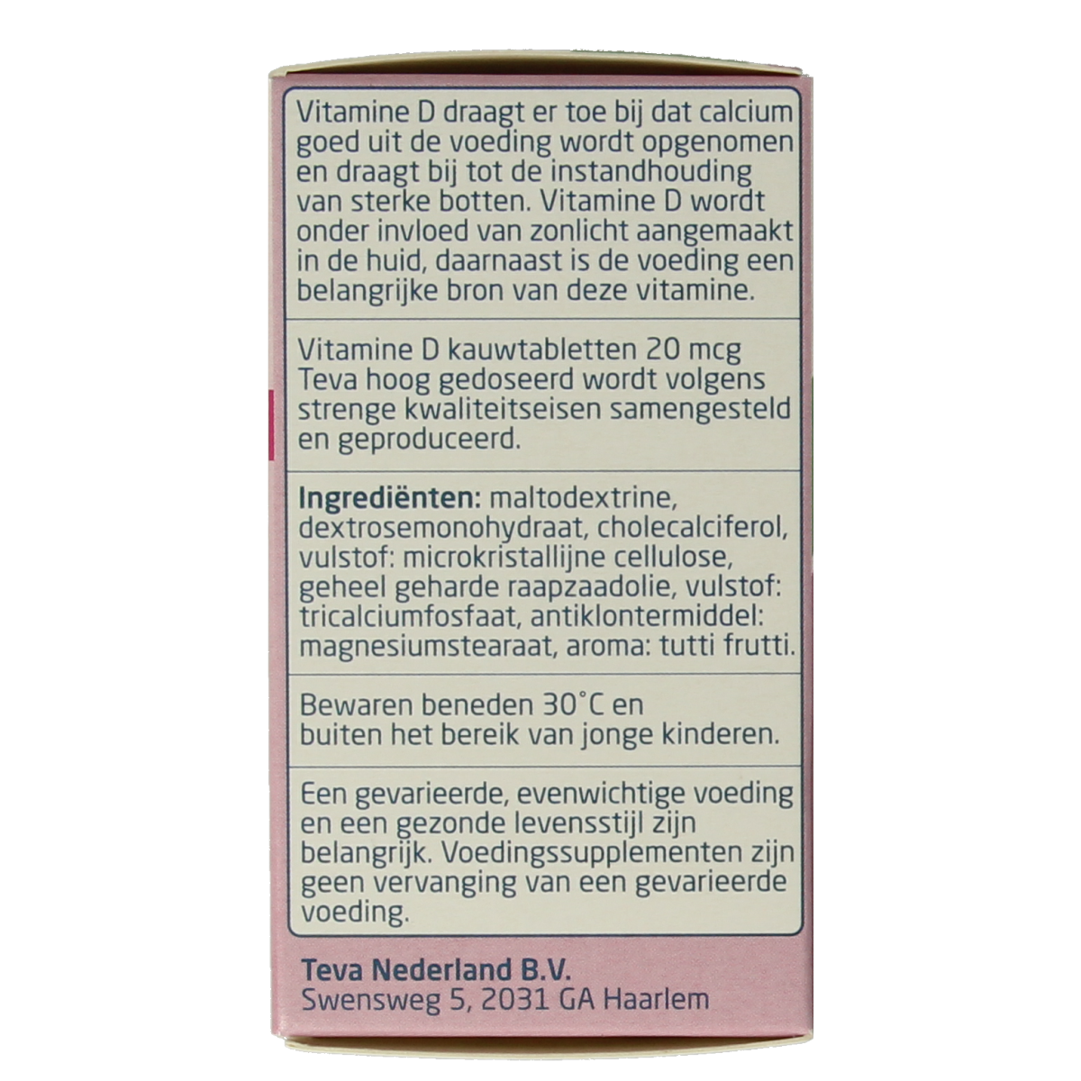 Teva vitamin D 20 mcg (800 IU) tablets, dietary supplement, close-up of the bottle with tablets inside