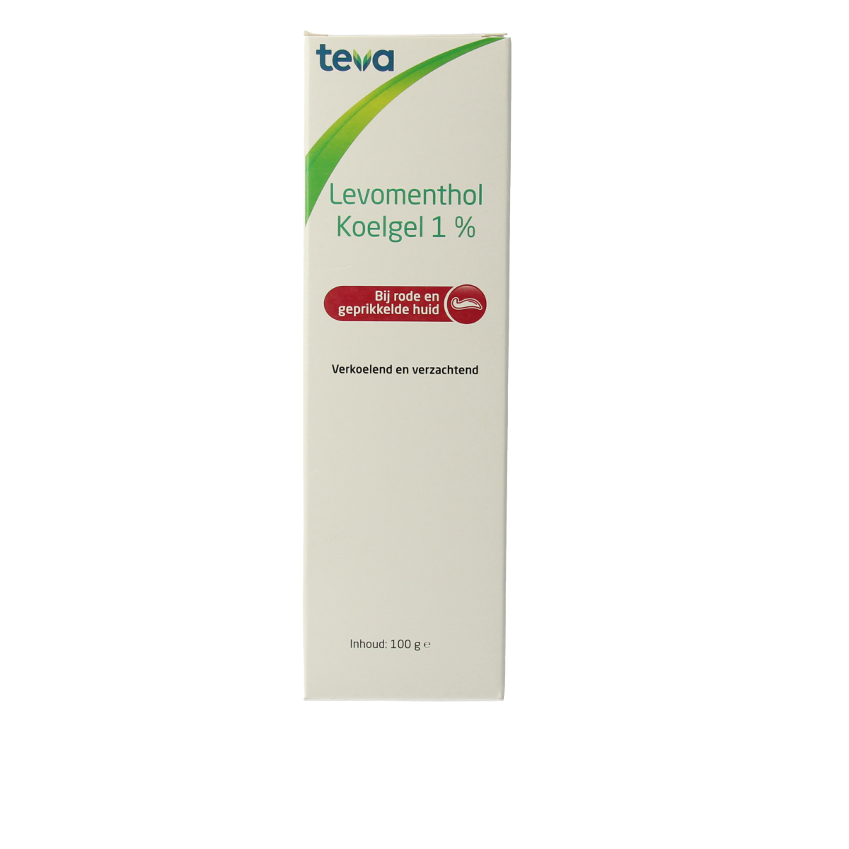 Teva Levomenthol Koelgel 1% body care gel in 100g tube, soothing menthol formula for cooling skin relief.