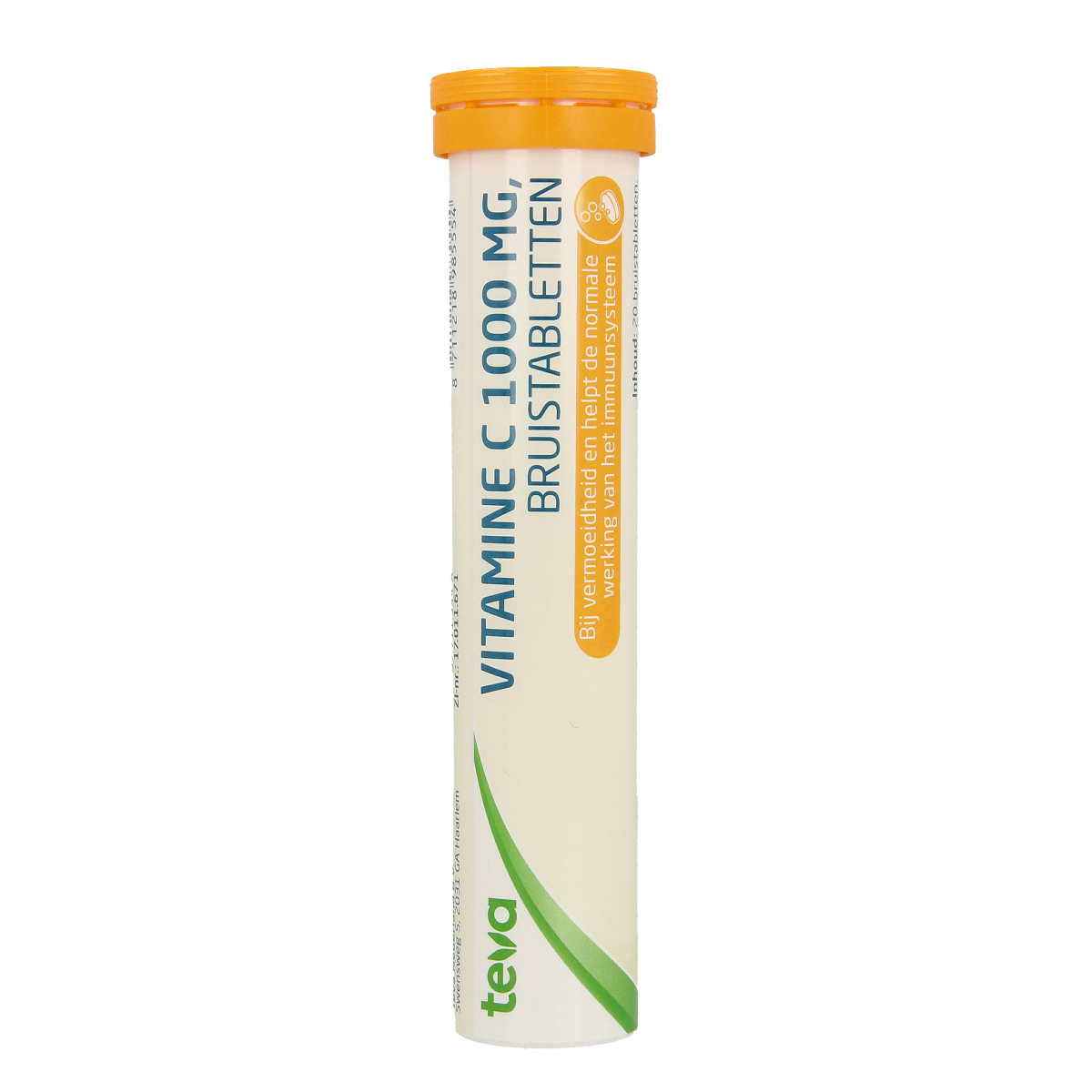 Teva Vitamine C 1000mg effervescent tablets, 20-count, natural vitamin supplement with orange flavor in blister pack