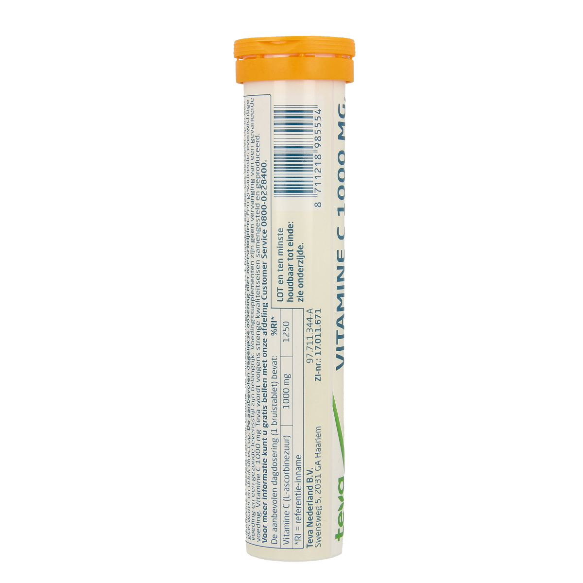 Teva Vitamine C 1000mg effervescent tablets, 20 count, showing orange-flavored vitamin C tablets in a blister pack.