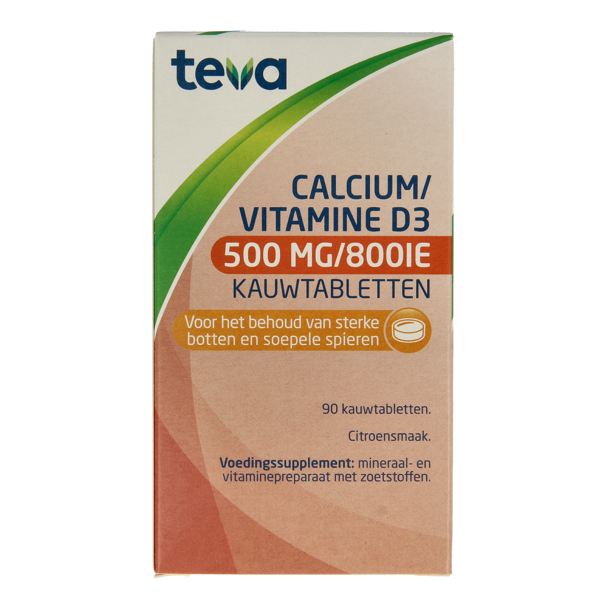 Teva Calcium and Vitamin D chewable tablets, 500mg calcium and 800IU vitamin D, 90 count, dietary supplement for bone health.