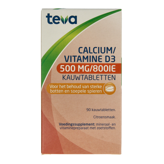 Teva Calcium and Vitamin D chewable tablets, 500mg calcium and 800IU vitamin D, 90 count, dietary supplement for bone health.