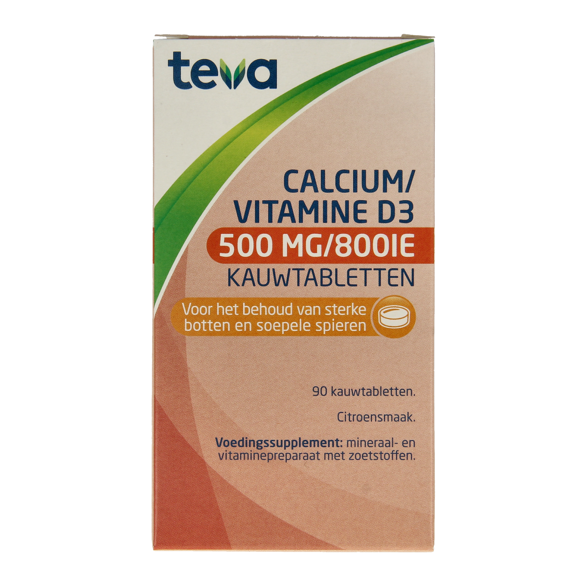 Teva Calcium and Vitamin D chewable tablets, 500mg calcium and 800IU vitamin D, in a blister pack.