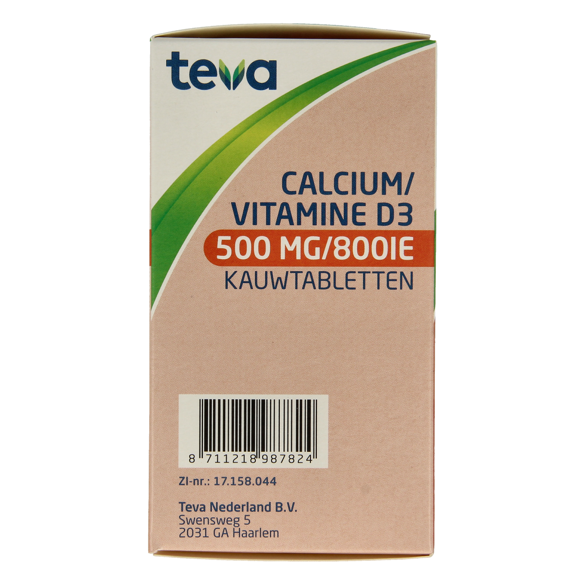 Teva Calcium and Vitamin D chewable tablets, 500mg calcium and 800IU vitamin D, in a bottle.