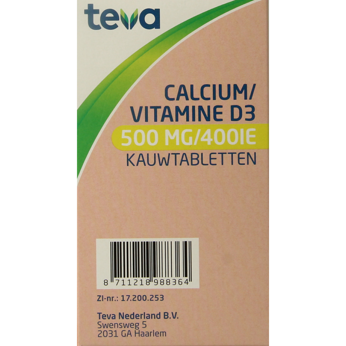Teva calcium and vitamin D chewable tablets, mineral supplement, 500mg calcium and 400 IE vitamin D, 90 count.