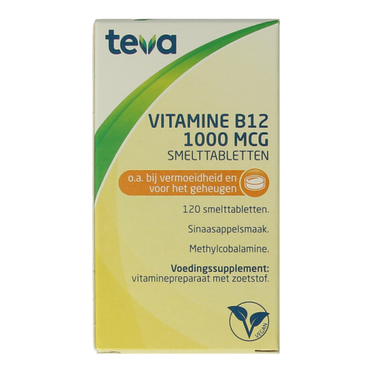 Teva Vitamin B12 1000mcg supplement in a bottle with 120 tablets, natural health product for energy support
