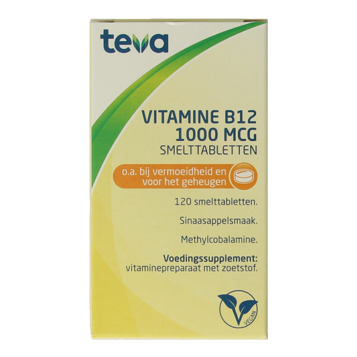 Teva Vitamin B12 1000mcg tablets, dietary supplement, close-up of bottle with tablets, supplement packaging.