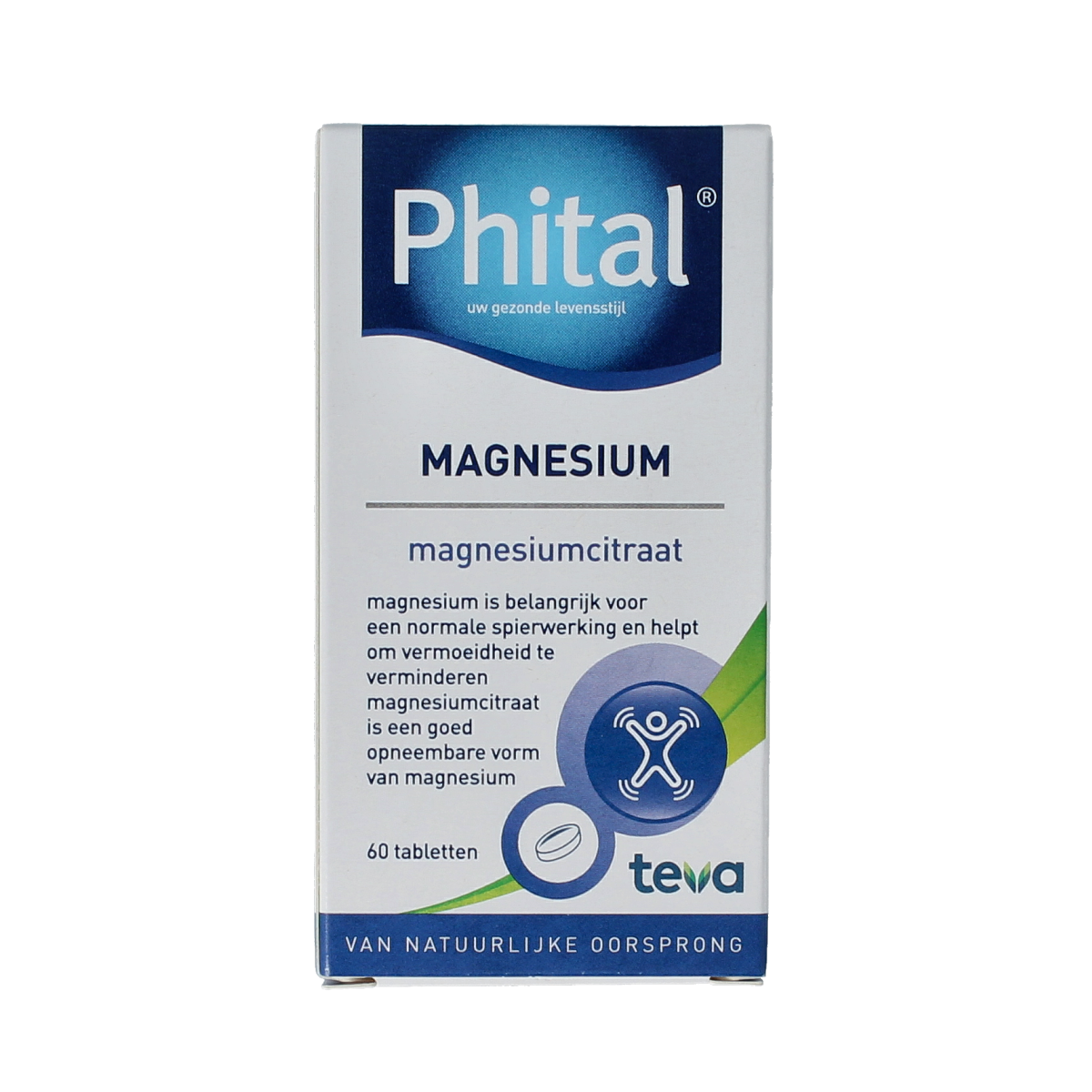 Phital Magnesium 200mg mineral tablets, 60 count, showing white round tablets in a blister pack.