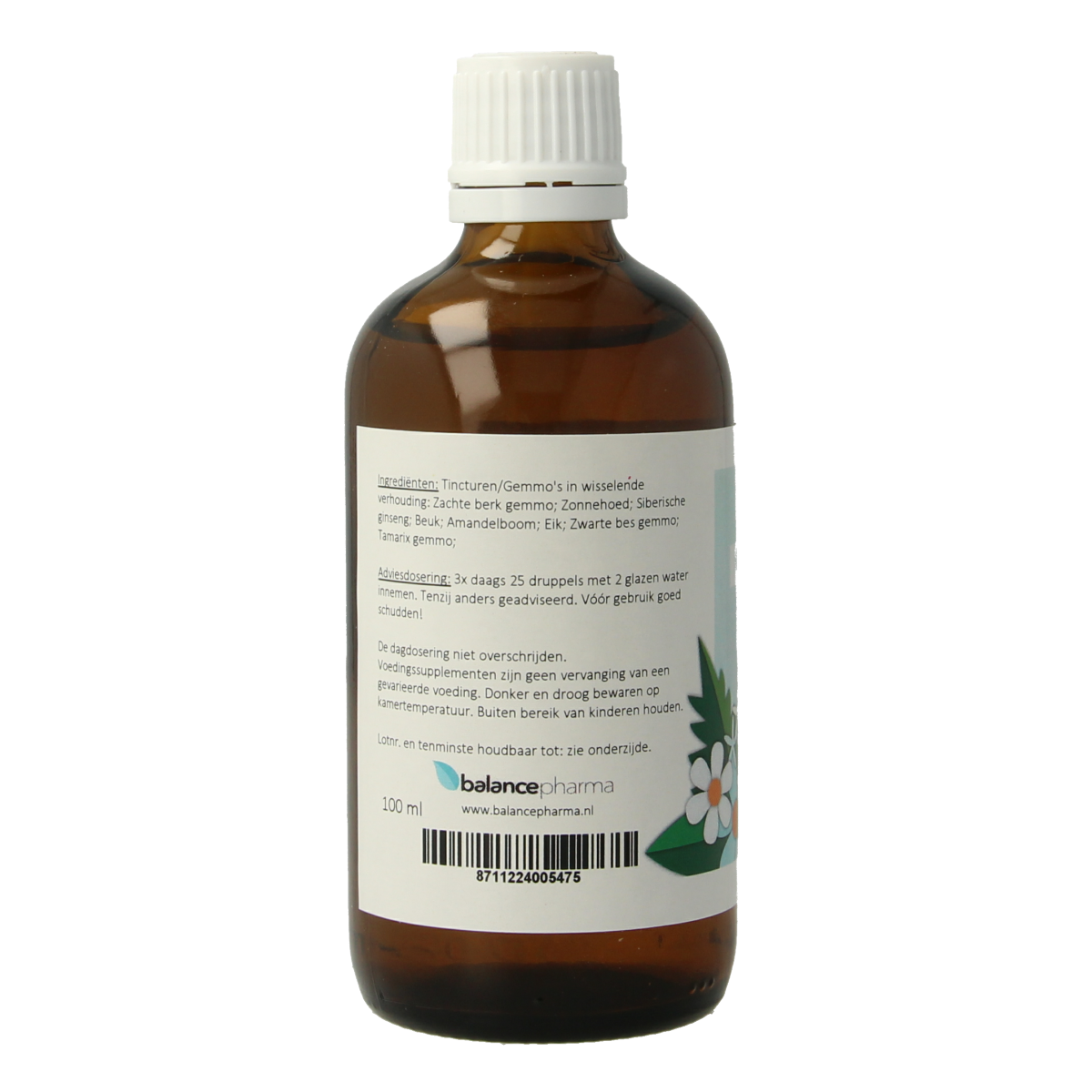 Balancepharma Gemmoplex herbal supplement bottle, 100ml, featuring herbal ingredients in a green and white packaging design.