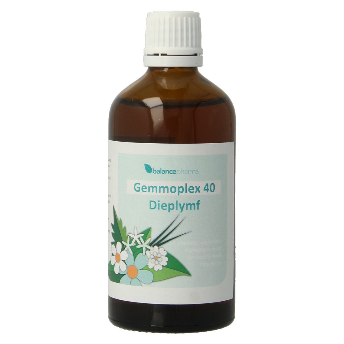 Balancepharma Gemmoplex dieplymf herbal supplement bottle, 100ml, with label showing product details and branding.