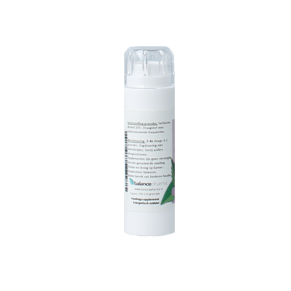 Balancepharma Uitheemse vruchten allergoplex herbal supplement, 6 grams, featuring dried herbal ingredients in a clear container.