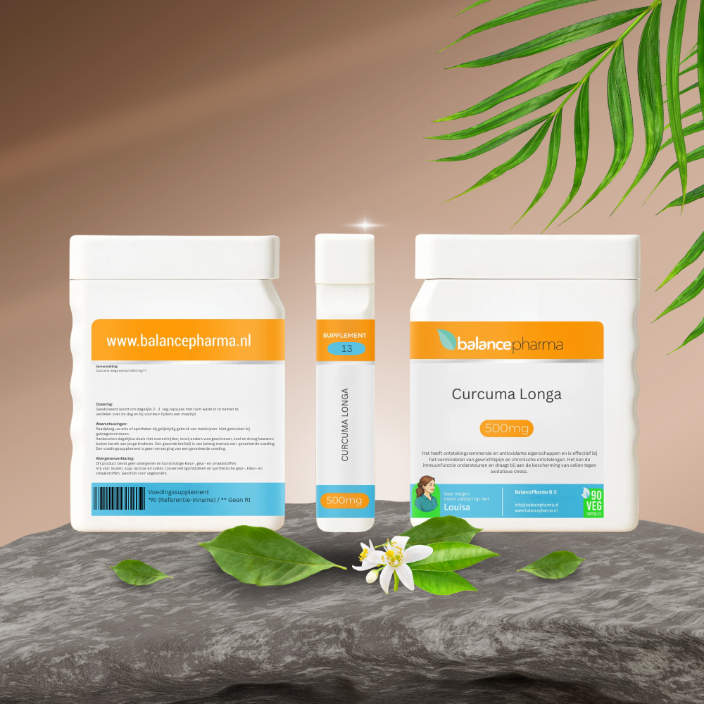 Balancepharma Curcuma longa herbal supplement capsules, 90 vegetarian capsules in a jar, showcasing the turmeric root.