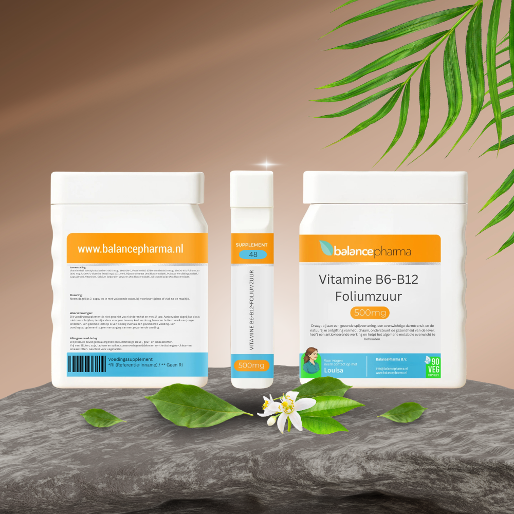 Balancepharma vitamin B6, B12, and folic acid multivitamin capsules in vegetarian form, shown in a bottle with capsules visible.
