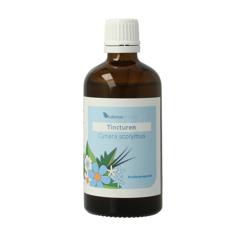Balancepharma Cynara scolymus tincture in 100ml bottle, herbal preparation with fresh green leaves and herbal extract.