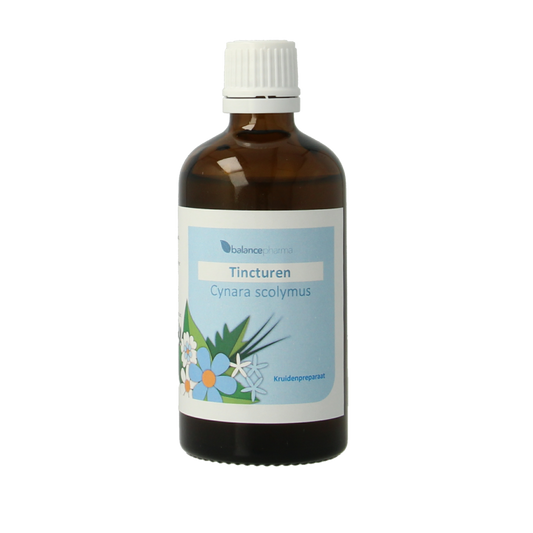 Balancepharma Cynara scolymus tincture in 100ml bottle, herbal preparation with fresh green leaves and herbal extract.
