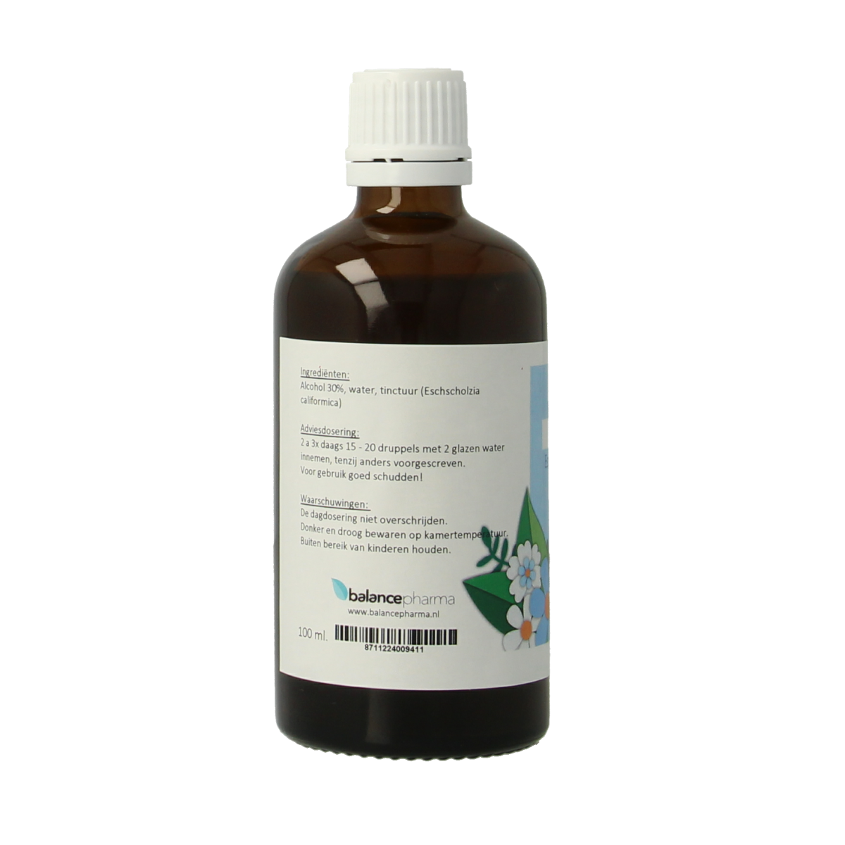 Balancepharma Eschscholzia californica tincture in 100ml bottle, herbal supplement from Balancepharma, with amber glass container.