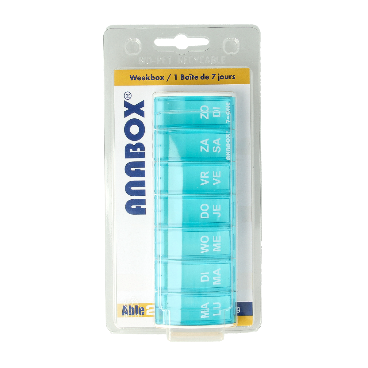 Able 2 Weekbox assorti medication storage box with 7 compartments for organized pill management.