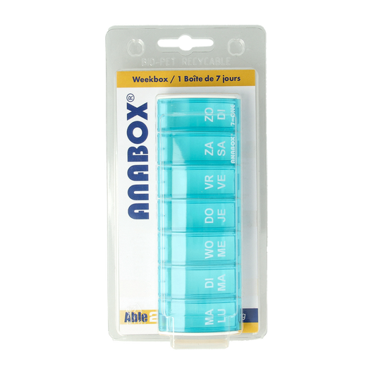 Able 2 Weekbox assorti medication storage box with 7 compartments for organized pill management.