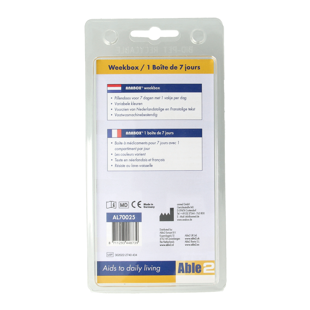 Able 2 Weekbox assorti medication storage box with 1.00 unit, compact and organized for daily pill management.