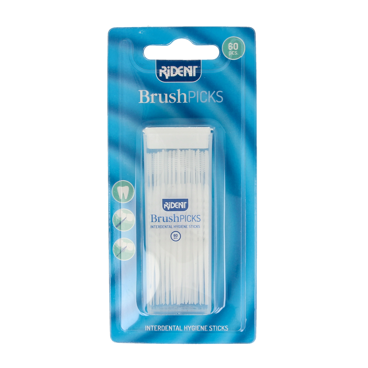 Rident Brushpicks and dental floss picks in a pack of 60, showing wooden sticks with pointed ends for oral hygiene.