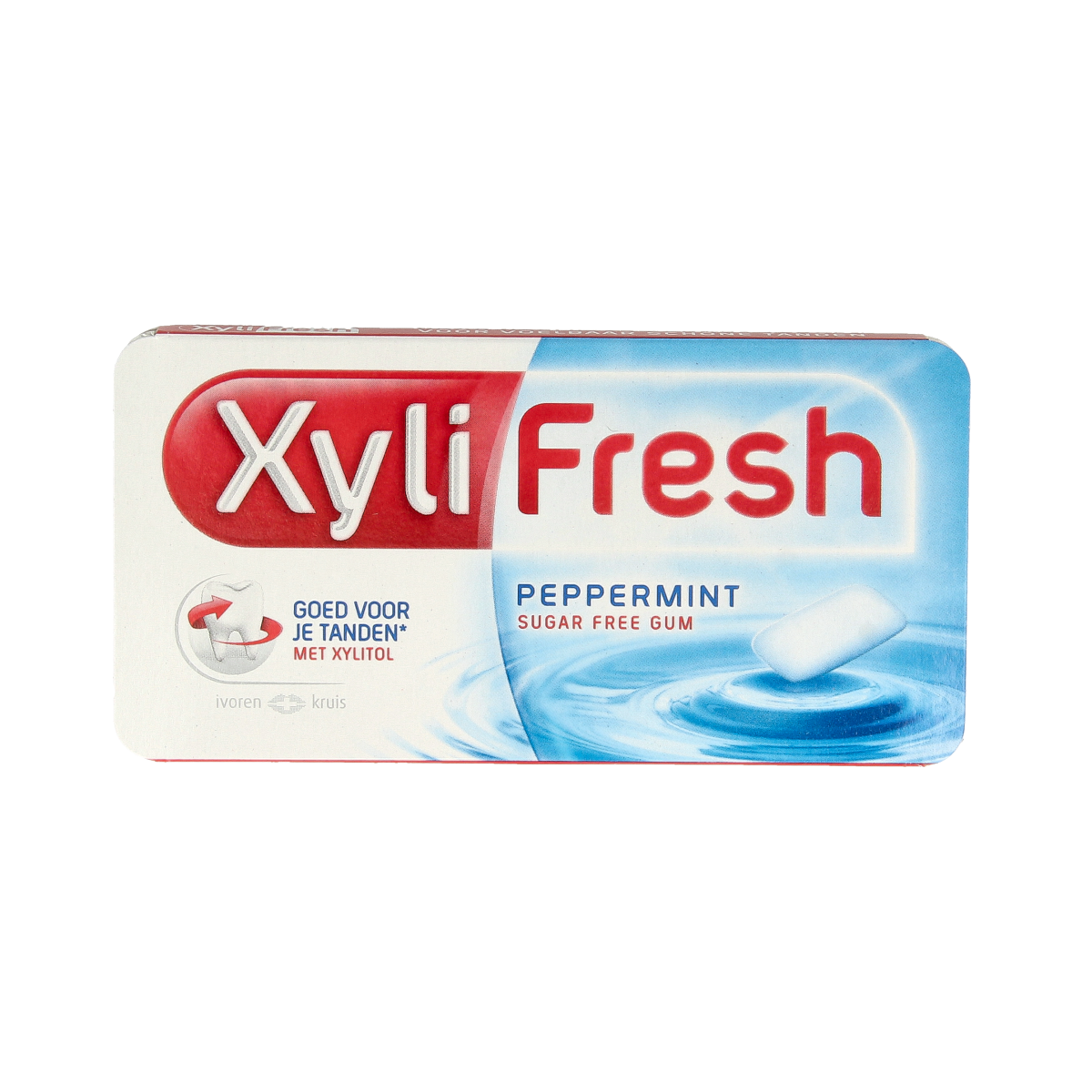 Xylifresh Peppermint snoepgoed in 18g package, showing colorful peppermint candies with branding and packaging details.