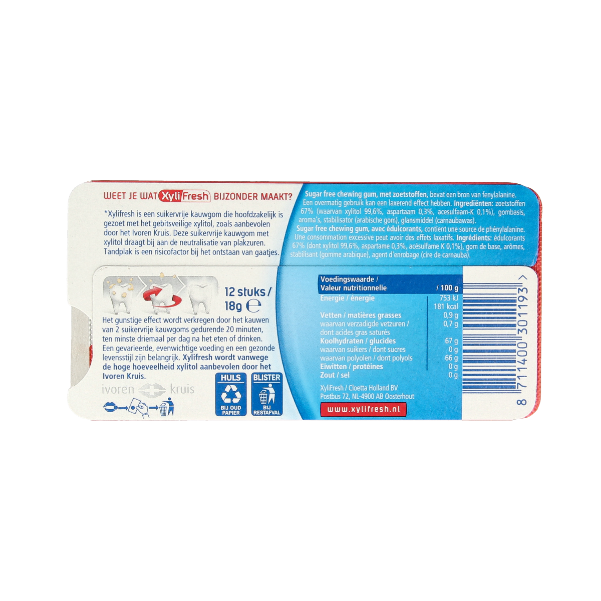 Xylifresh Peppermint Snoepgoed in 18g package, showing colorful peppermint candies with branding details.